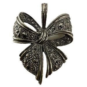 Vintage Silver Tone Bow Pendant Marcasite Look Textured‎ Charm 1.5" EUC